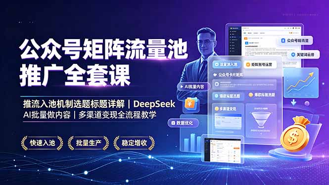 公众号矩阵流量池推广全套课，推流入池机制选题标题详解，DeepSeekAI批量做内容，多渠-副业K吧