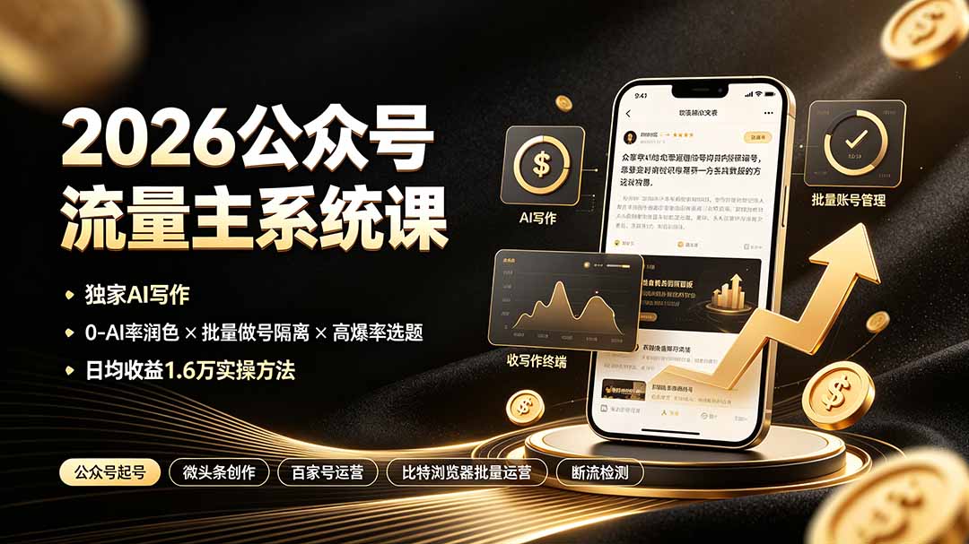 2026公众号流量主系统课:独家AI写作×0-AI率润色×批量做号隔离×高爆率选题,日均收益-副业K吧
